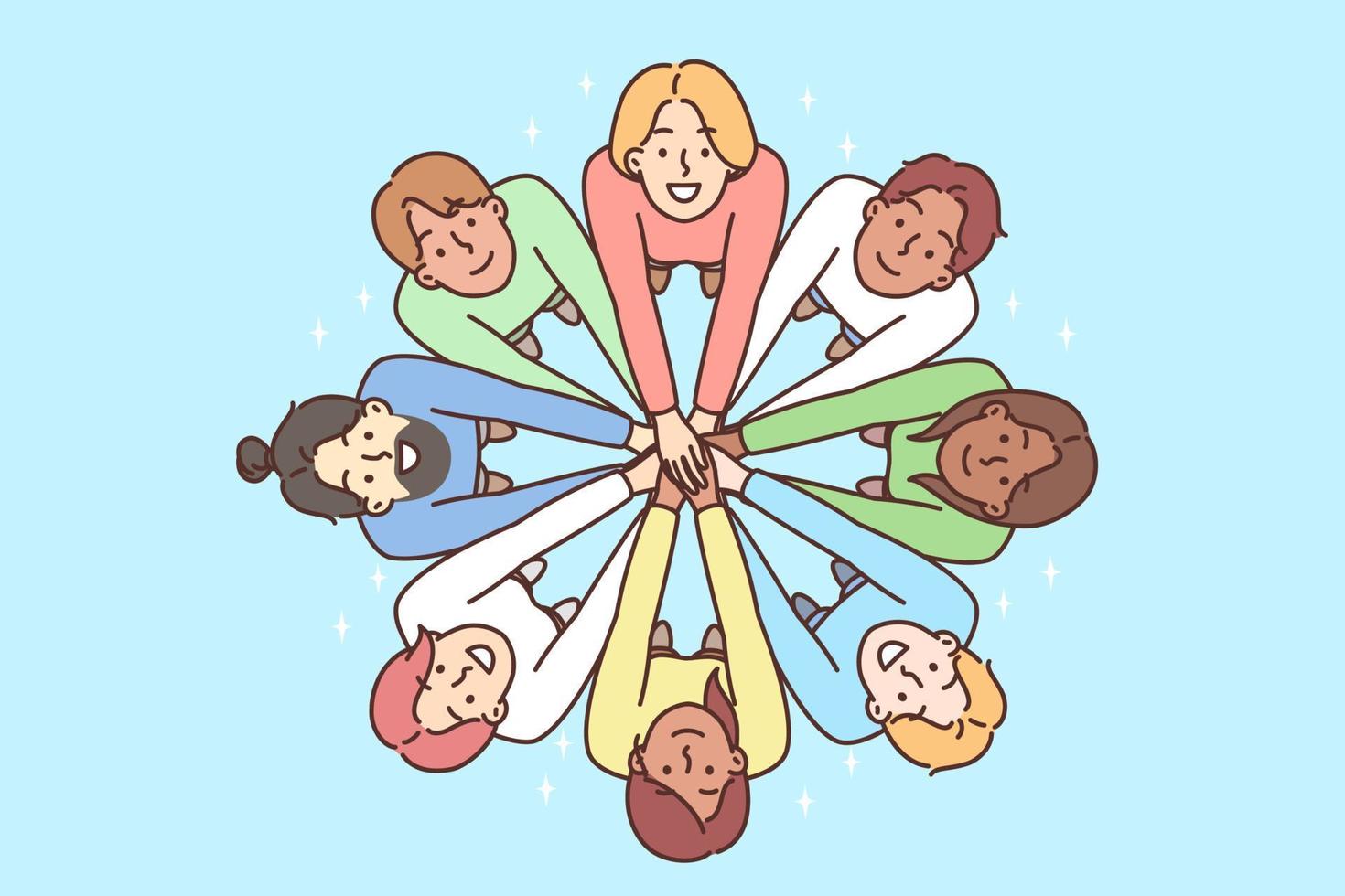 Multiracial people stand in circle with hands outstretched to demonstrate friendship. Men and women look up demonstrating multiracial diversity and national tolerance vector