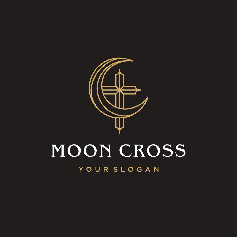 crescent moon with holy cross logo. Moon church concept logo design in geometric luxury logo line Illustration. vector