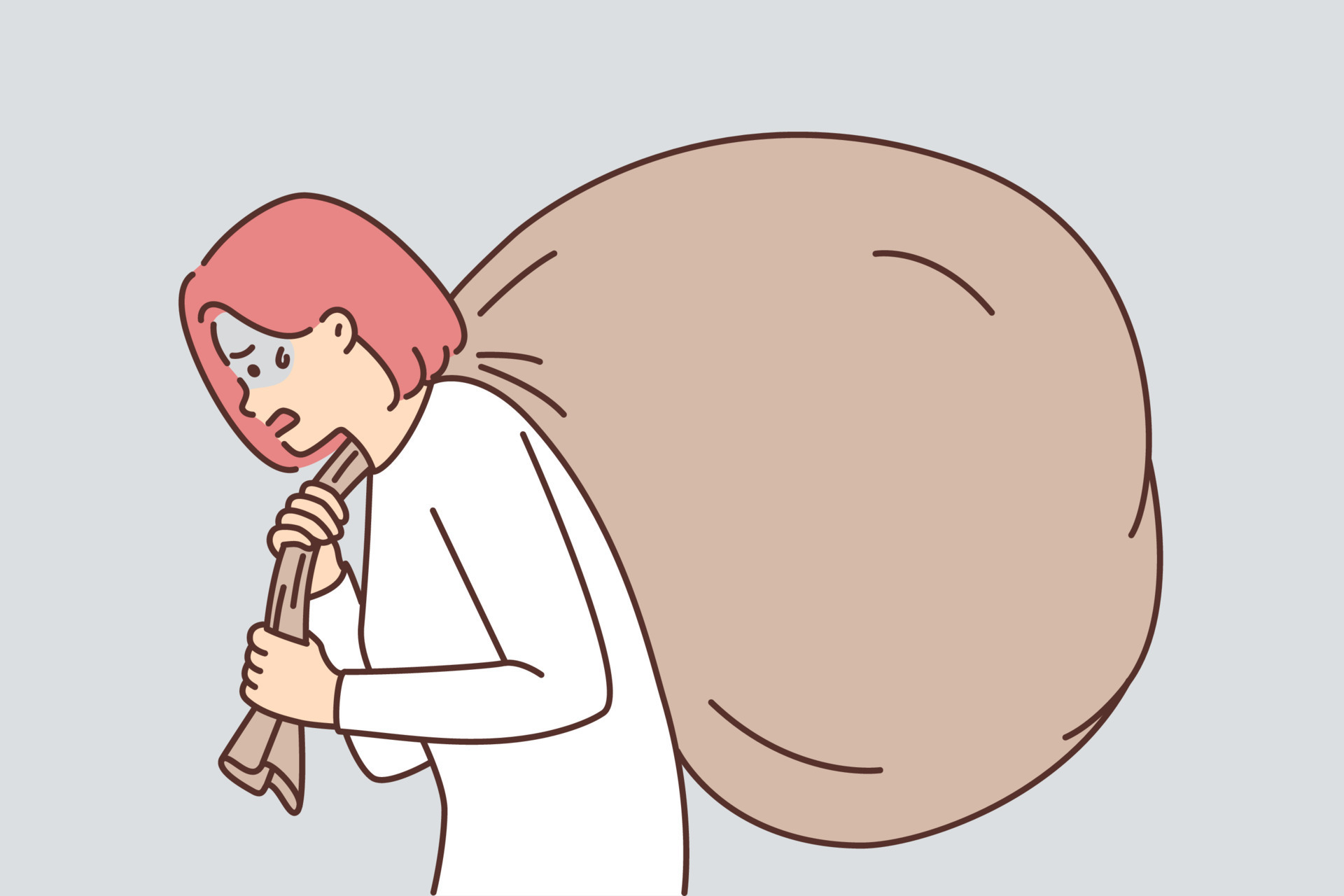 Tired girl with big bag behind back suffers from very heavy load due to