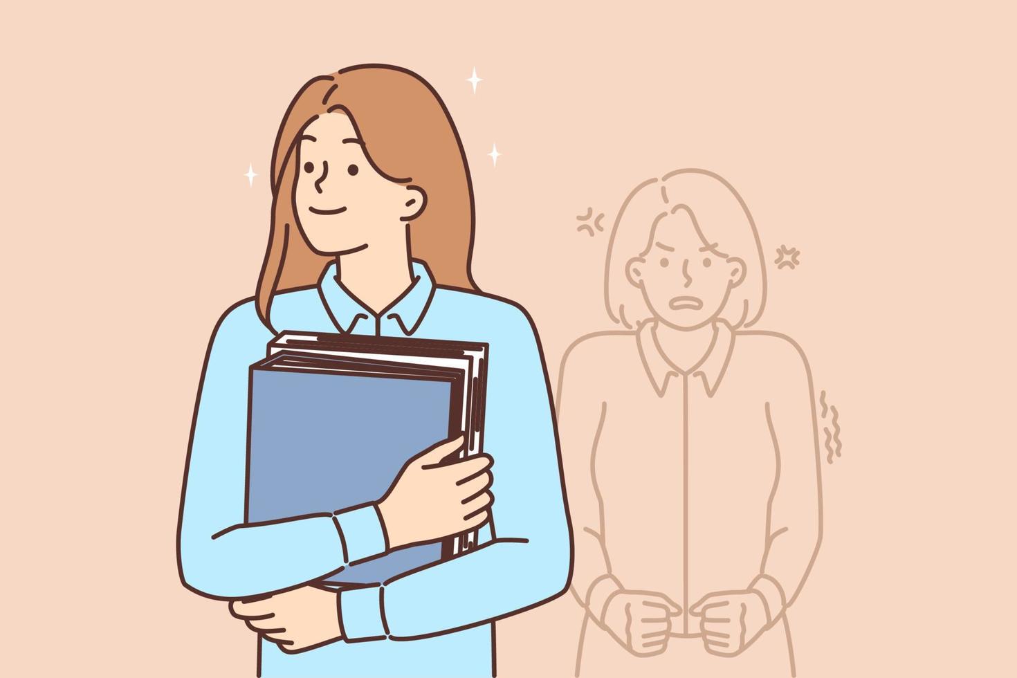 Happy woman office worker standing with document folders near angry woman located behind. Nervous girl is disappointed by success of office colleagues moving up career ladder vector