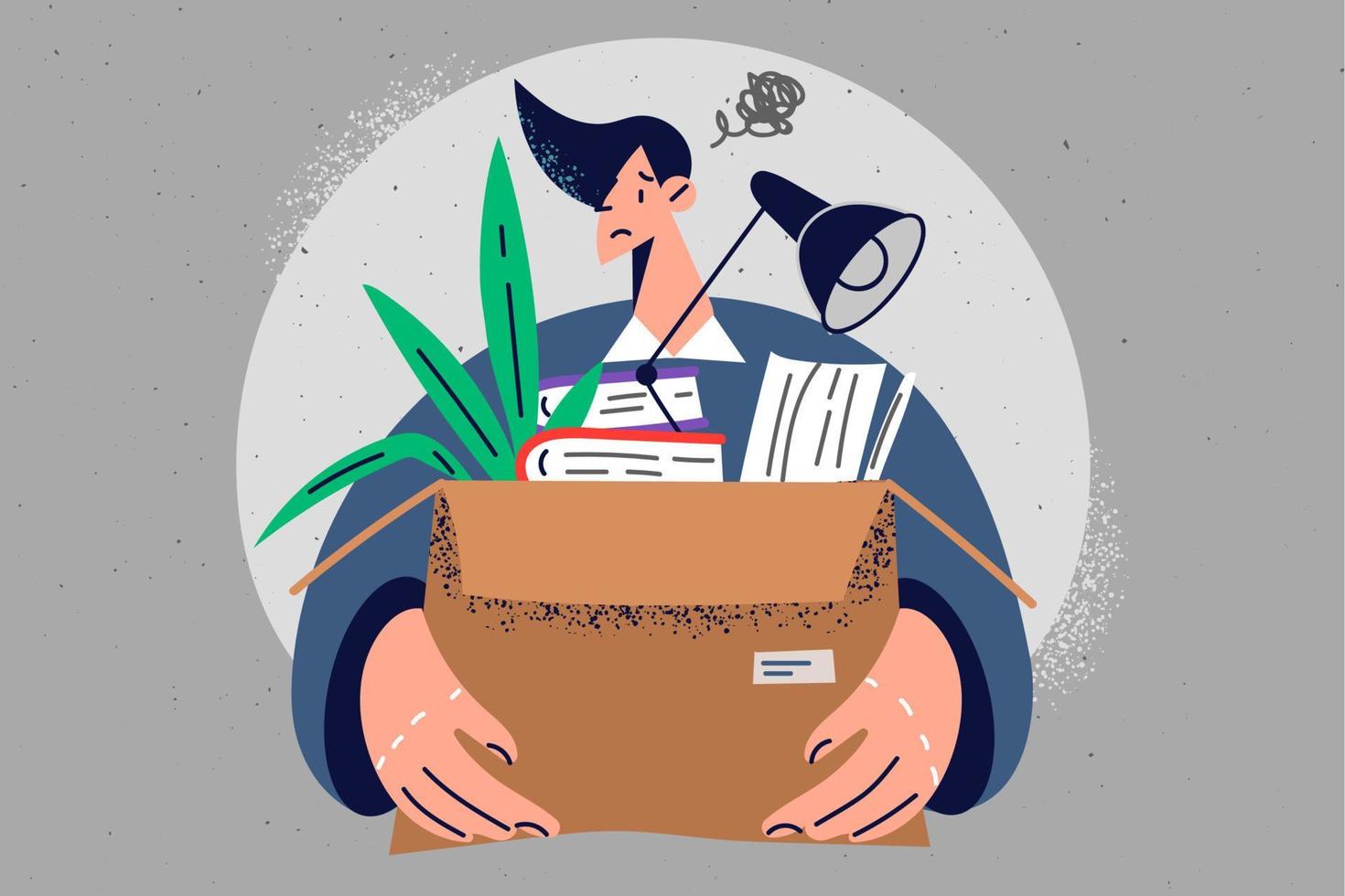 Unhappy male employee with box of personal belongings stressed with office dismissal. Upset man fired from work, carry documents and paperwork. Job quit. Vector illustration.