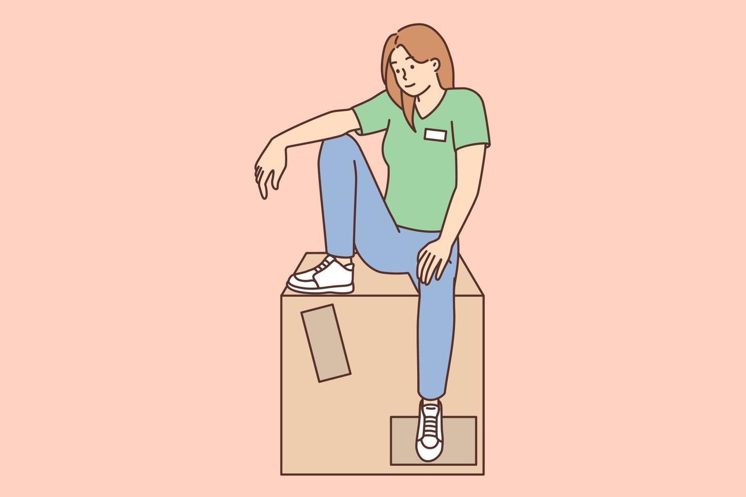 Woman shop assistant sits on large box with new goods brought for sale and placement on counter. Girl in casual clothes and sneakers near huge parcel for retail business concept vector