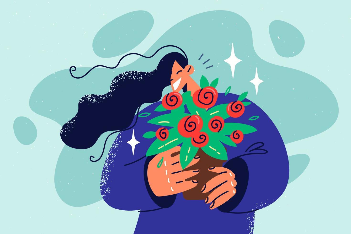Smiling woman hold flowers in hands excited with present for birthday or anniversary. Happy girl with bouquet greeting with special occasion. Vector illustration.