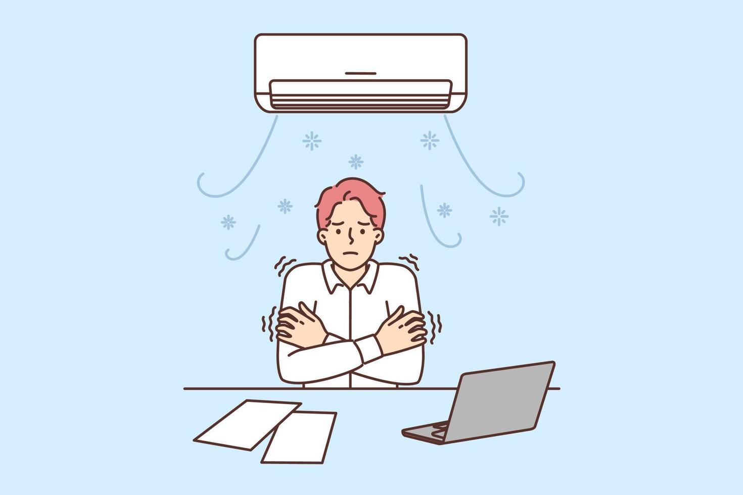 Man sitting at office desk under air conditioner freezes due to cold temperatures or broken climate equipment. Guy tries to warm up after being cold during working day vector