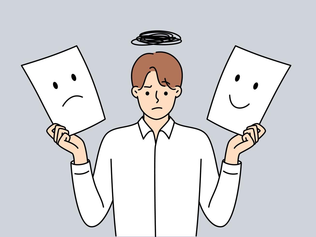 Man holds two sheets of paper with different emotions symbolizing mood swings due to work overload. Guy in shirt shows image of happy and sad mood on white sheets vector