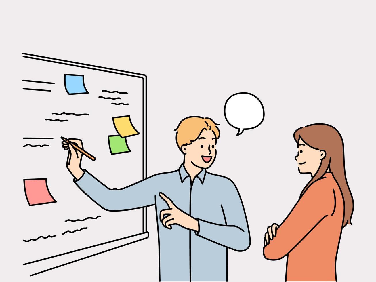 Man and woman employees of startup stand at whiteboard are brainstorming to solve business problems. Colleagues together looking for way to increase company revenue by brainstorming vector