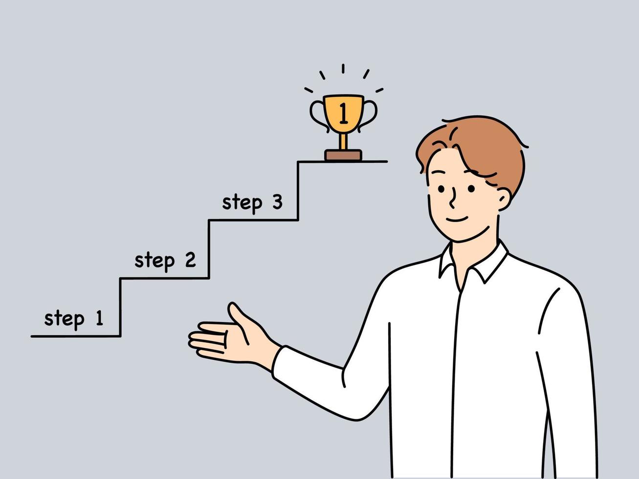 Man business coach pointing with hand at sketchy ladder leading to career success. Guy specialist in personal development demonstrates step-by-step plan for achieving success vector