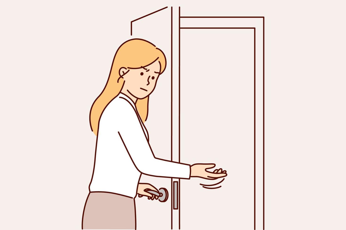 Disgruntled woman secretary invites to enter room opening door for unpleasant person or rival at work. Girl secretary with frown makes inviting hand gesture to ask unwanted visitor or client to leave vector