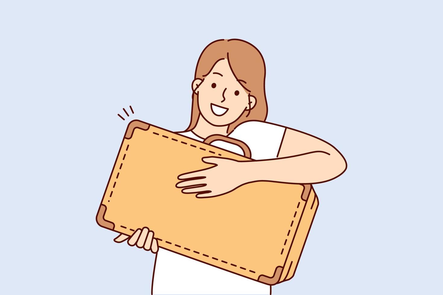 Smiling woman showing off old suitcase to show ready to travel by plane or train. Positive girl with travel bag rejoices about upcoming summer vacation or long business trip in another country vector