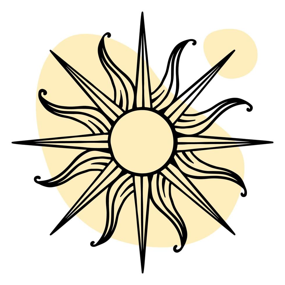 Girl's beautiful transferable temporary tattoo. Occult sun in the style of lineart and engraving.  Magic vector