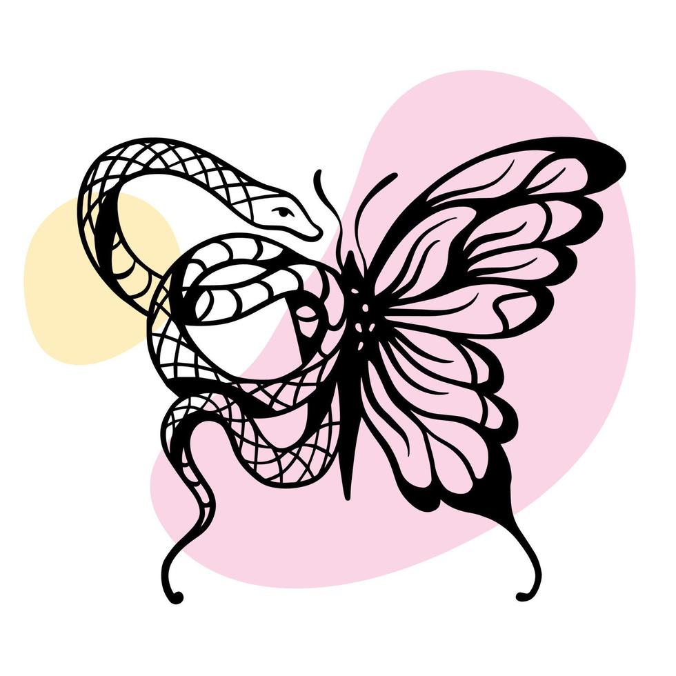 Girl's beautiful transferable temporary tattoo. Snake and butterfly in lineart style and engraving. Romantic vector