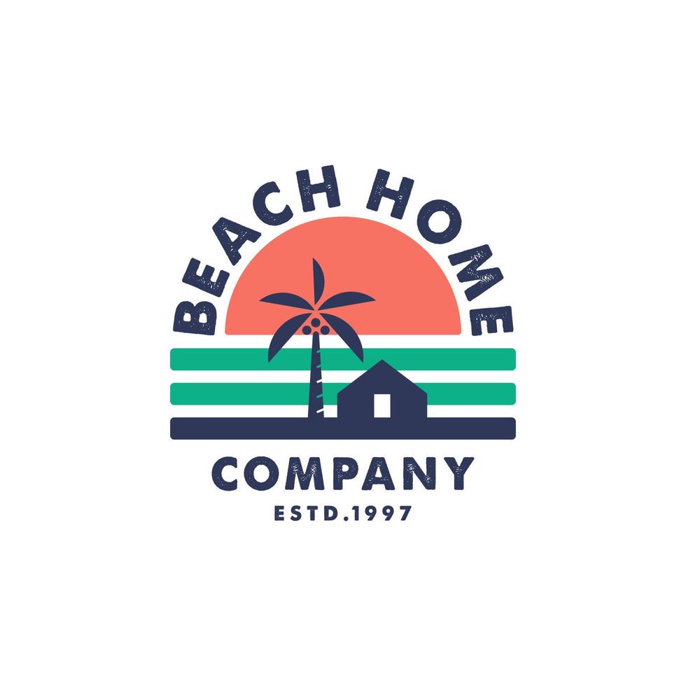 beach sea and sun vintage logo Illustration. and house with palm tree ...