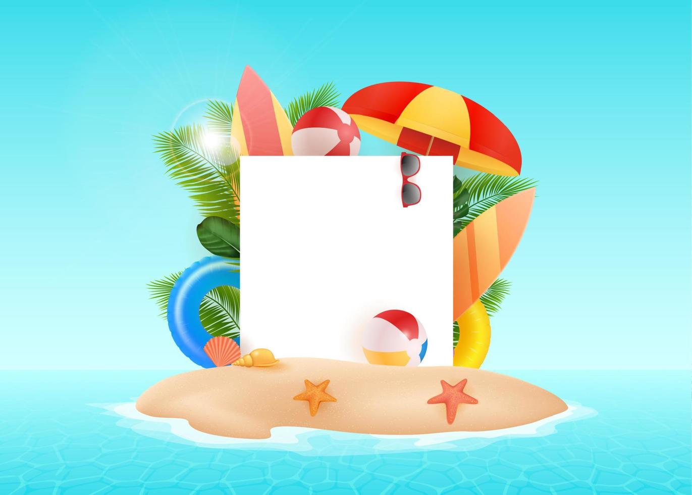 Vector Summer Time Holiday free frame illustration on vintage white background. Vector template. Tropical plants, flower, beach ball landscape. Design template for banner, flyer.