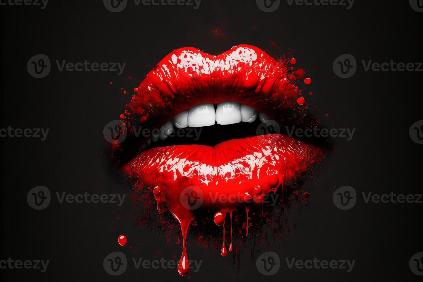 Dripping Gloss red lip, red paint dripping down lips, Gorgeous red lips dripping with lipstick, juice. Conceptual artwork, . photo