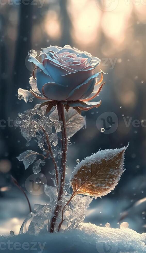 A light blue ice rose in the snow, Around the trees, There are beautiful little flowers, A ray of sunlight shines on the snow through the woods, So beautiful, Sparkling gorgeous, . photo