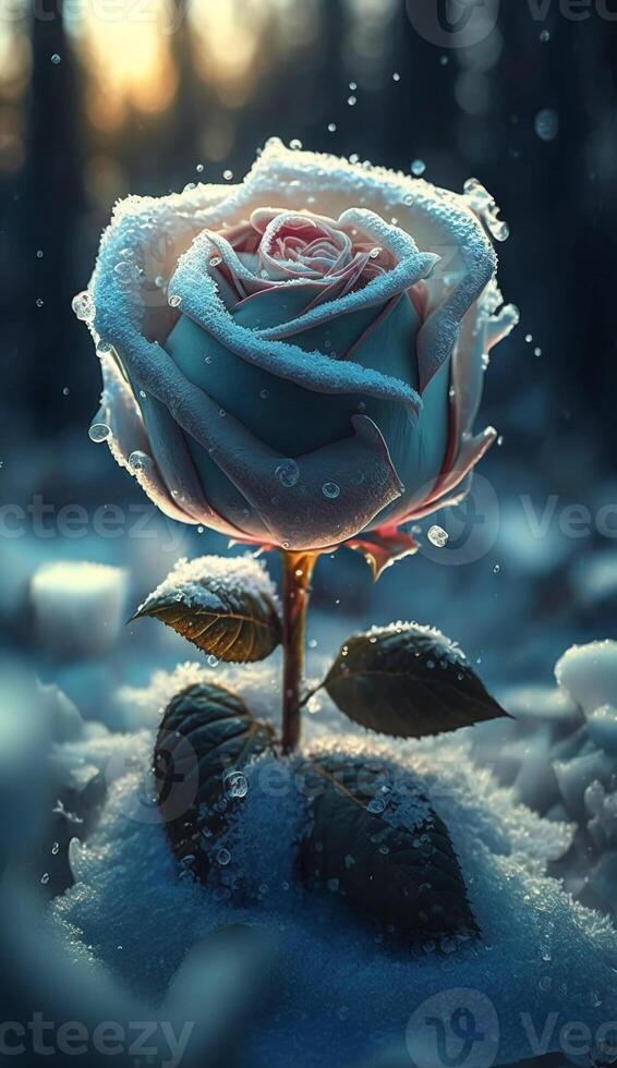 A light blue ice rose in the snow, Around the trees, There are beautiful little flowers, A ray of sunlight shines on the snow through the woods, So beautiful, Sparkling gorgeous, . photo