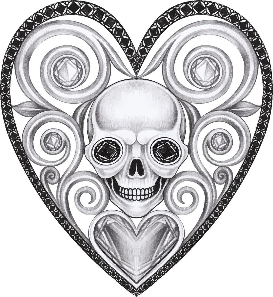 Art fancy vintge heart mix skull. Hand drawing and make graphic vector. vector