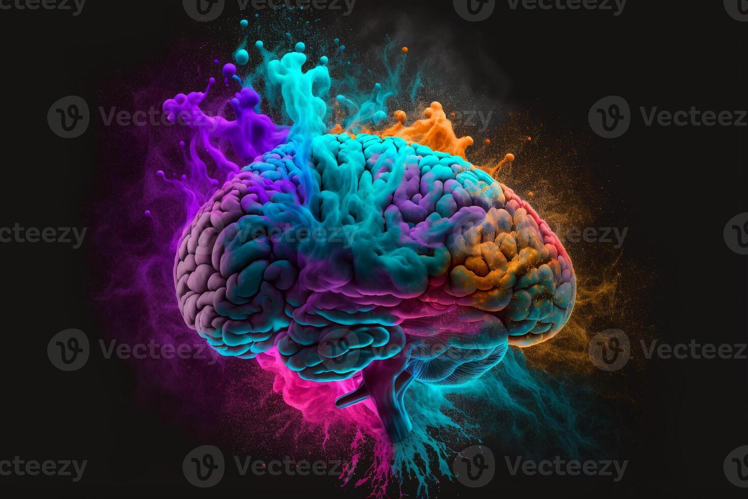 Explosion of cloudy, colorful powder. Freeze motion of color powder exploding, on black background, Concept art of a human brain exploding with knowledge and creativity, . photo