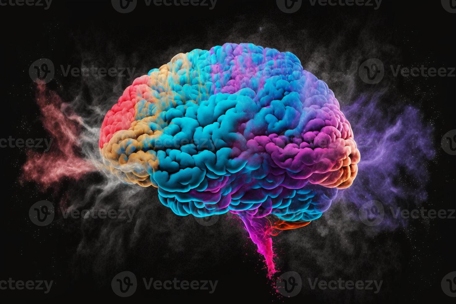 Explosion of cloudy, colorful powder. Freeze motion of color powder exploding, on black background, Concept art of a human brain exploding with knowledge and creativity, . photo
