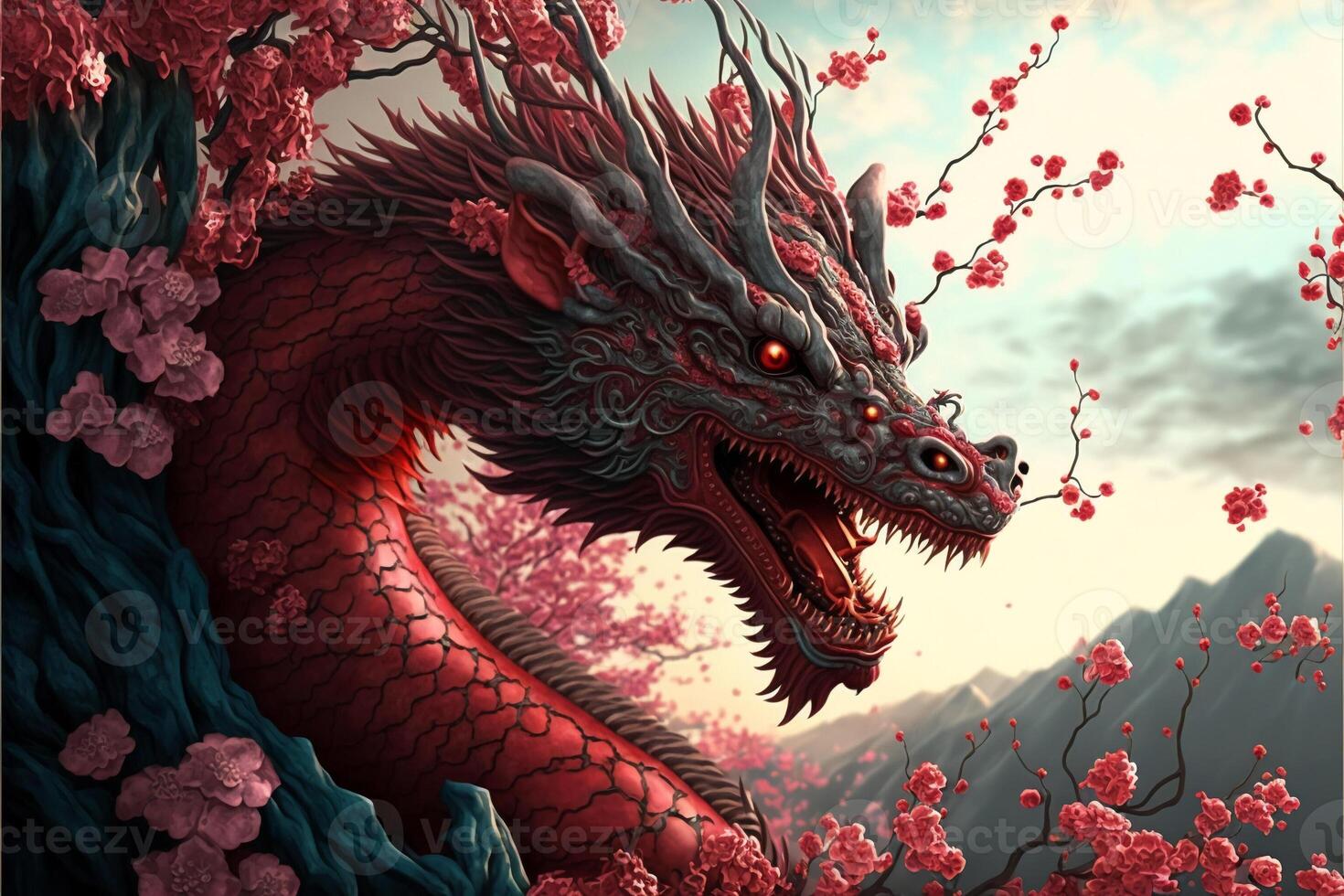 Wood dragon fantasy landscape digital illustration Stock Illustration