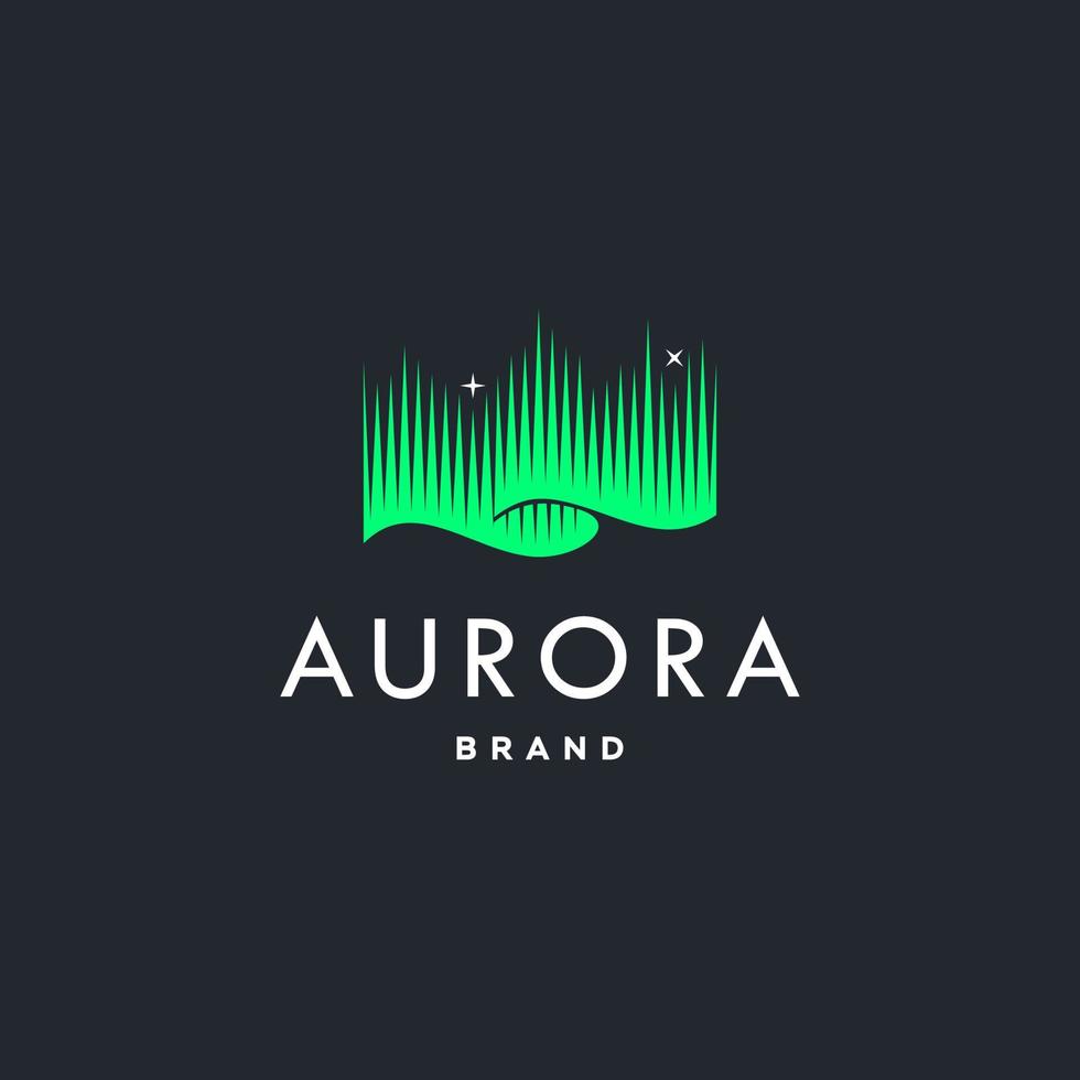 logotipo de aurora boreal verde, aurora boreal moderna cielo aurora y fondo de ilustración de diseño de logotipo de icono de estrellas vector