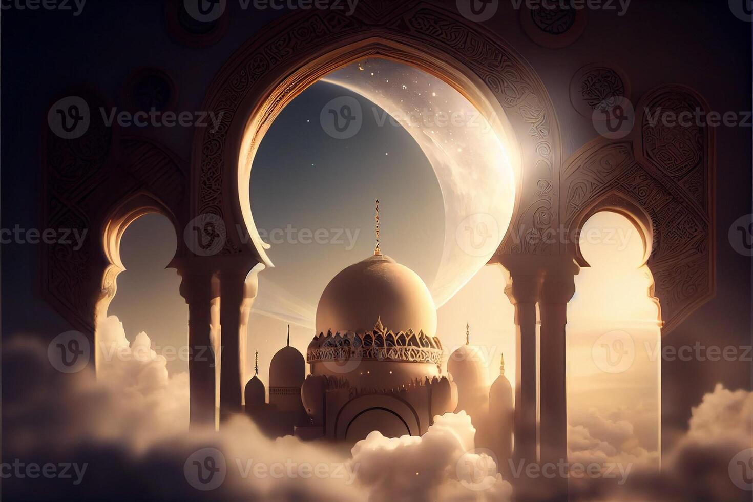 Ramadan Kareem background, Crescent moon with mosque, Islamic Eid Mubarak for Muslim Holidays, Eid-Ul-Adha festival celebration, . photo
