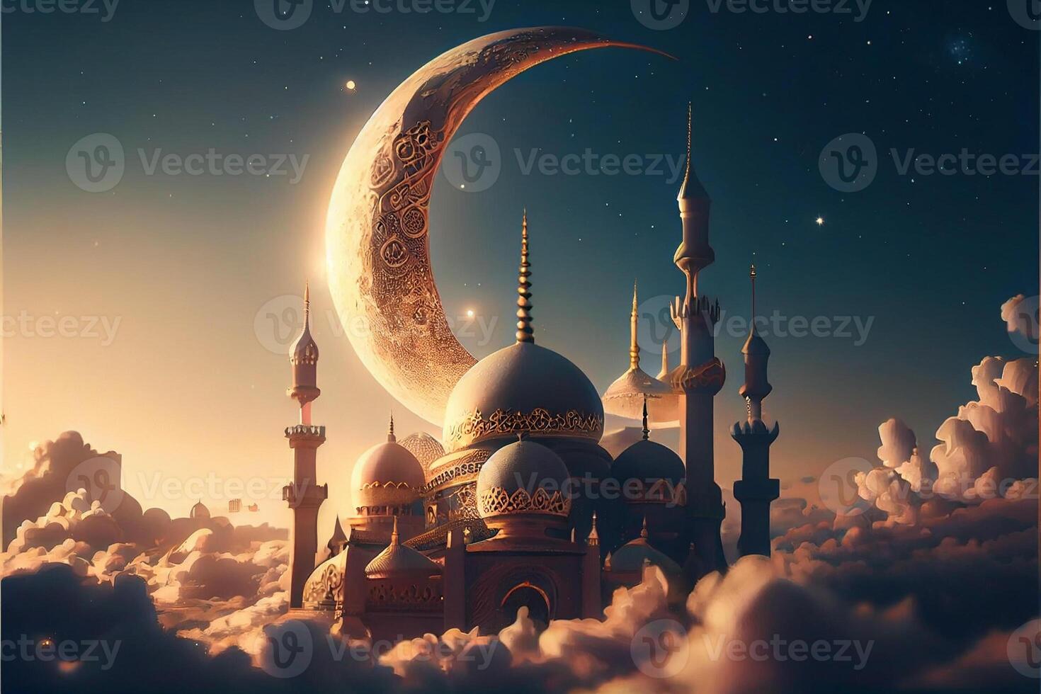 Ramadan Kareem background, Crescent moon with mosque, Islamic Eid Mubarak for Muslim Holidays, Eid-Ul-Adha festival celebration, . photo