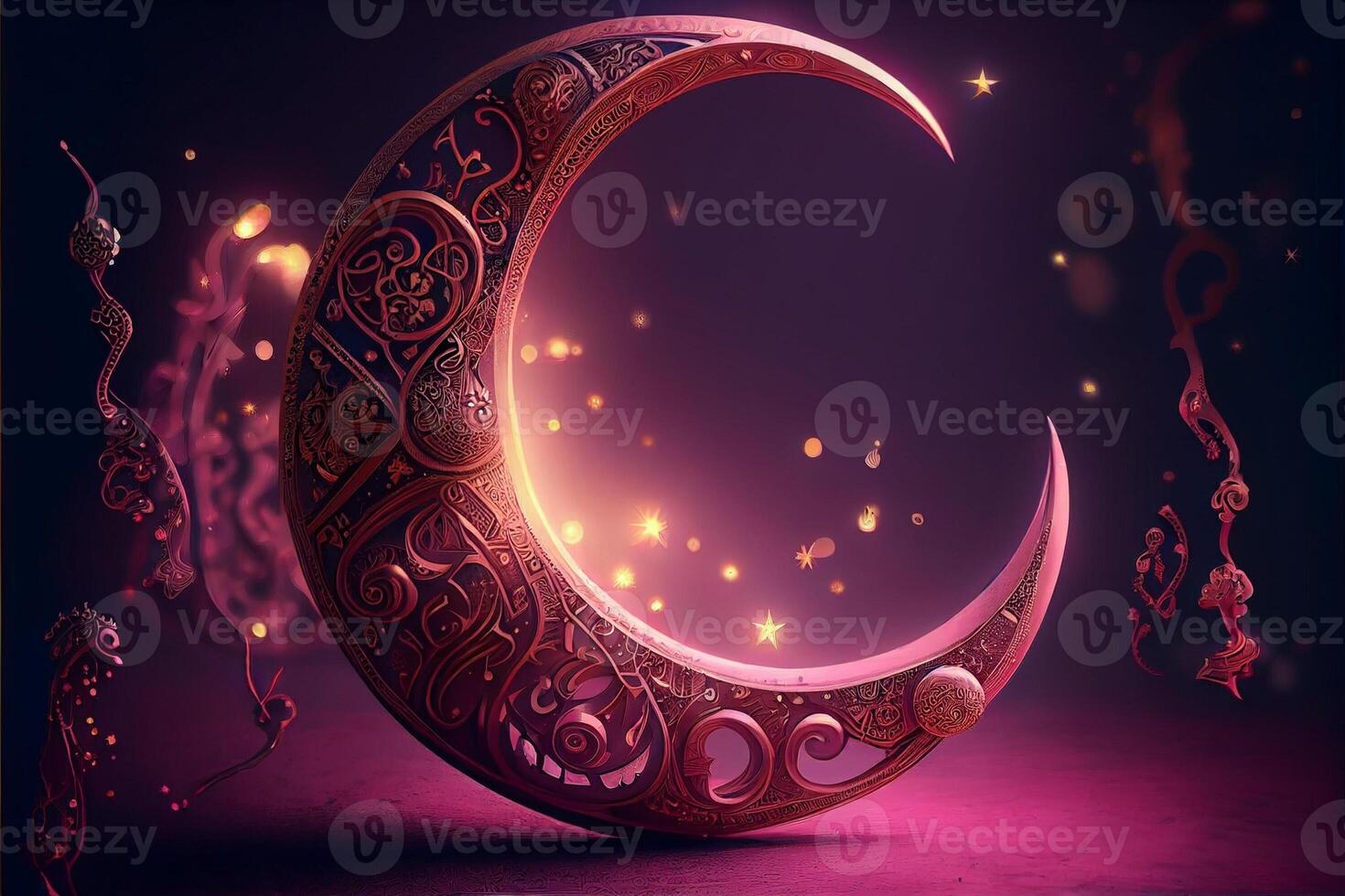 Ramadan Kareem background, Crescent moon with mosque, Islamic Eid Mubarak for Muslim Holidays, Eid-Ul-Adha festival celebration, . photo