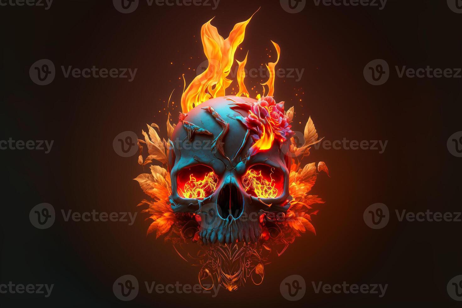 Scary love, Human skull and roses with fire flames Illustration for Valentine's Day or halloween, . photo