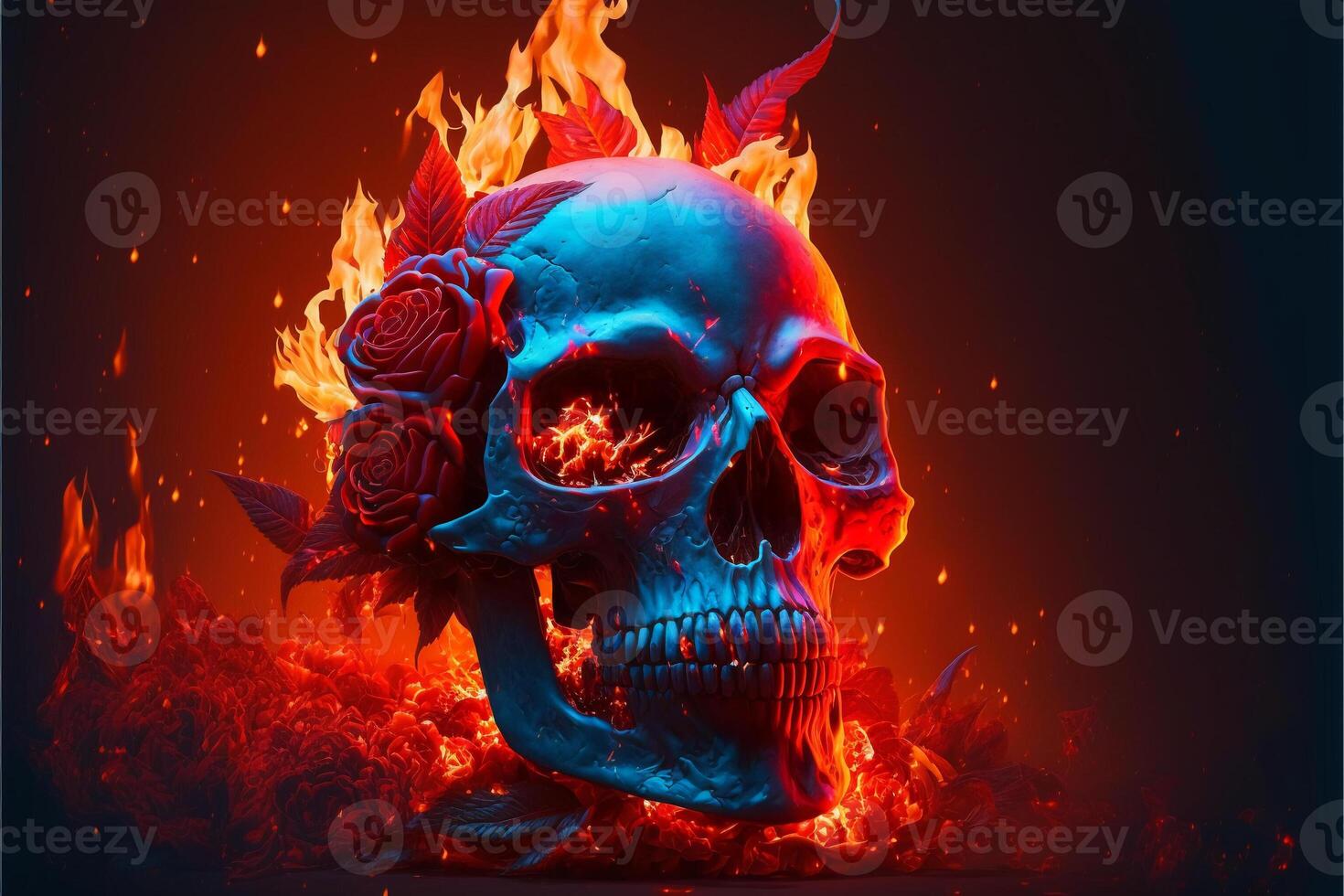 de miedo amar, humano cráneo y rosas con fuego llamas ilustración para San Valentín día o Víspera de Todos los Santos, generativo ai. foto