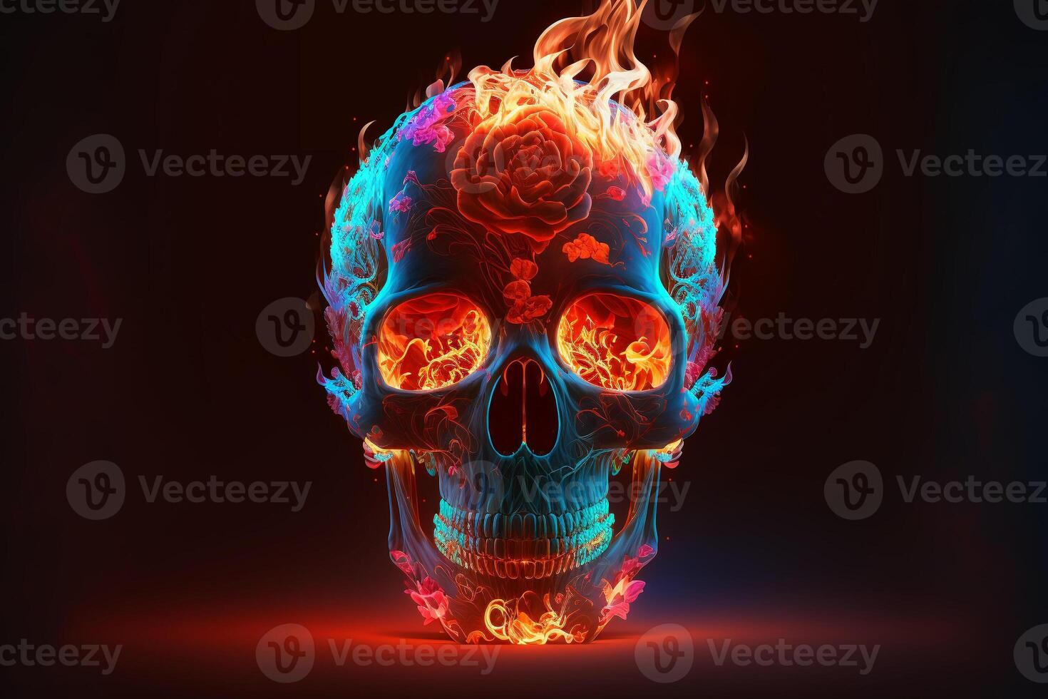 Scary love, Human skull and roses with fire flames Illustration for Valentine's Day or halloween, . photo
