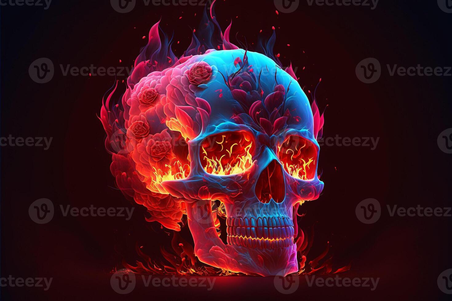 Scary love, Human skull and roses with fire flames Illustration for Valentine's Day or halloween, . photo