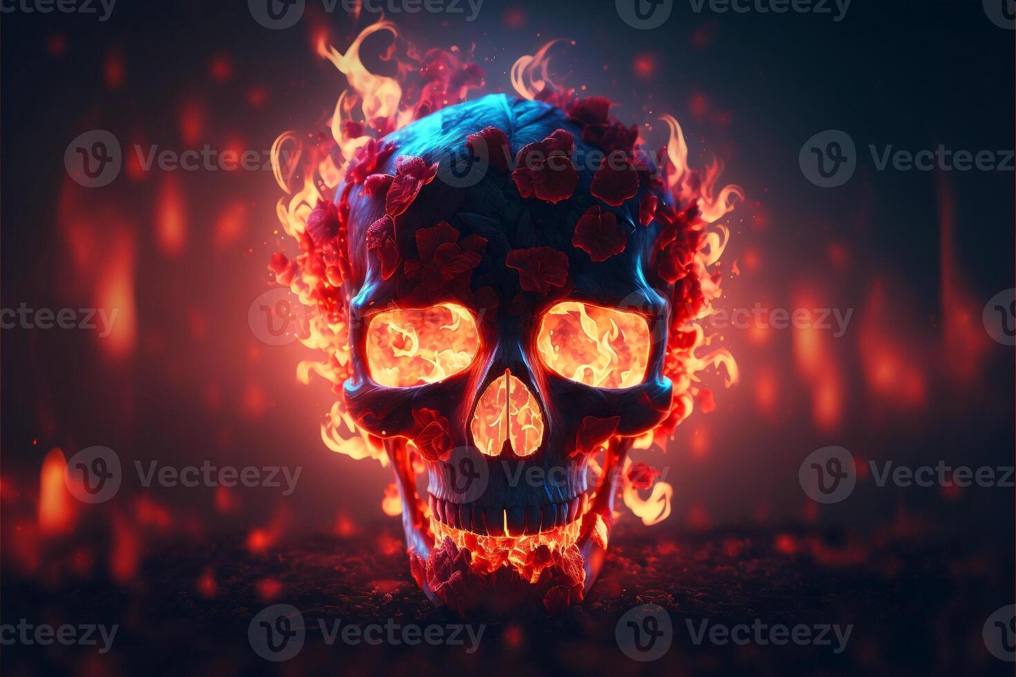 Scary love, Human skull and roses with fire flames Illustration for Valentine's Day or halloween, . photo