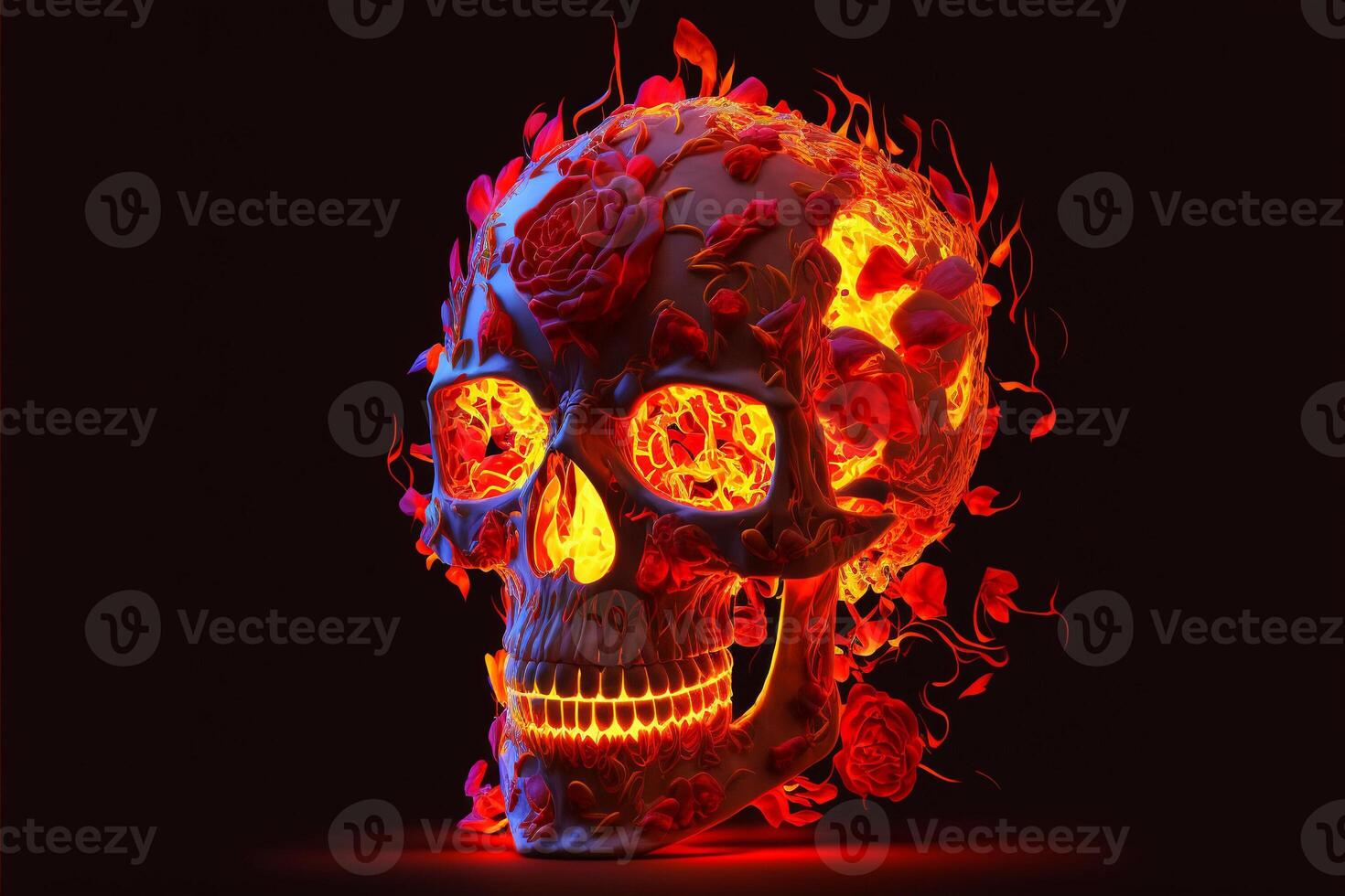 Scary love, Human skull and roses with fire flames Illustration for Valentine's Day or halloween, . photo