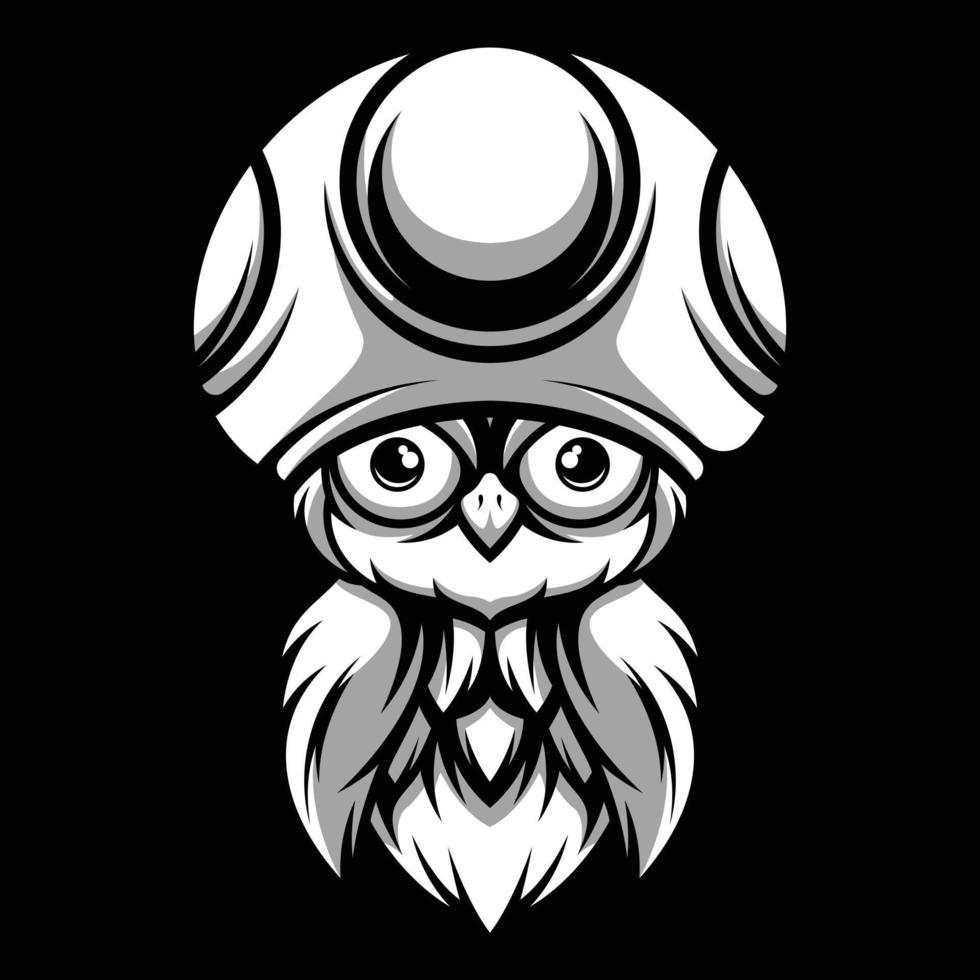Owl Mushroom Hat Black and White Mascot Design vector