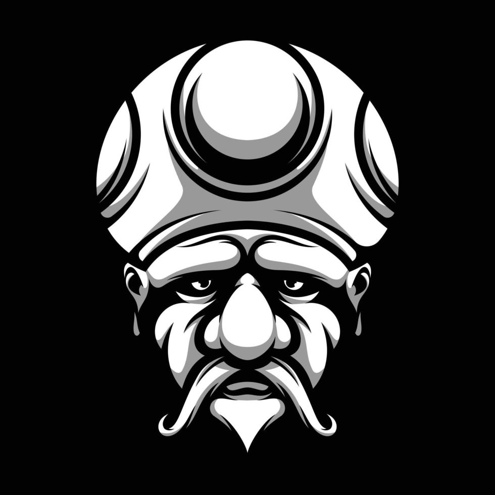 Old Man Mushroom Hat Black and White Mascot Design vector