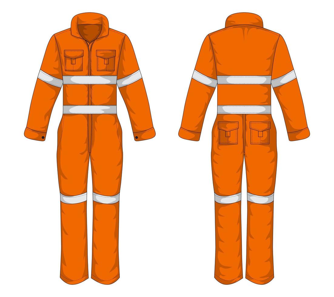 Front and back view of orange workwear template. Men's Coverall, wearpack vector illustration