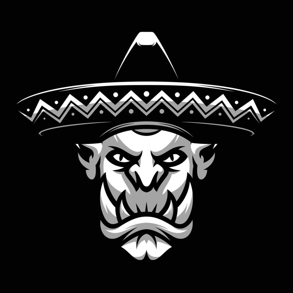 Ogre Sombrero Black and White Mascot Design vector