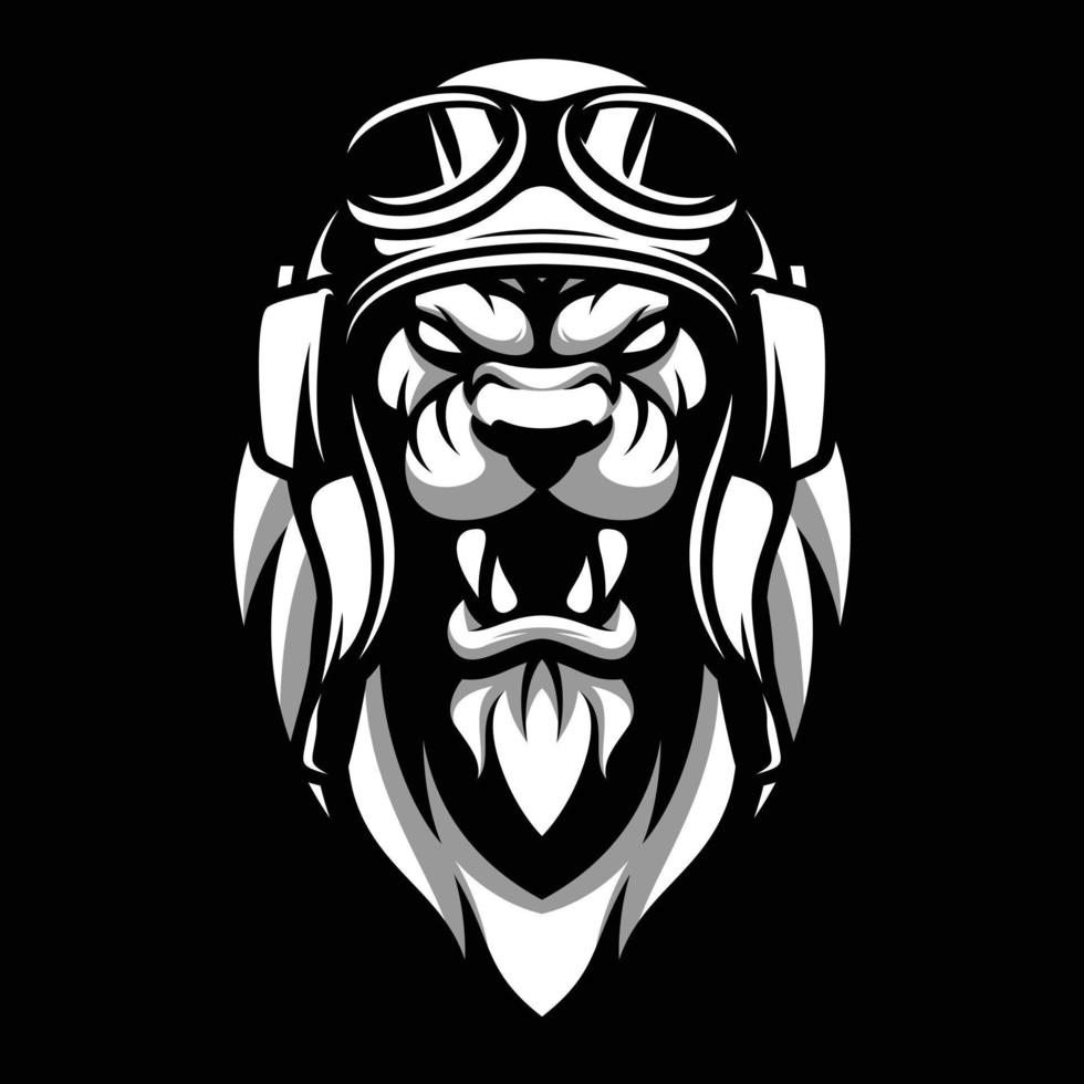 Lion Pilot Black and White Mascot Design vector