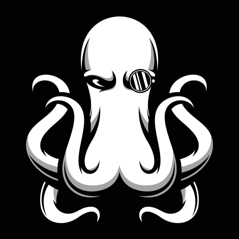 pulpo lentes negro y blanco mascota diseño vector