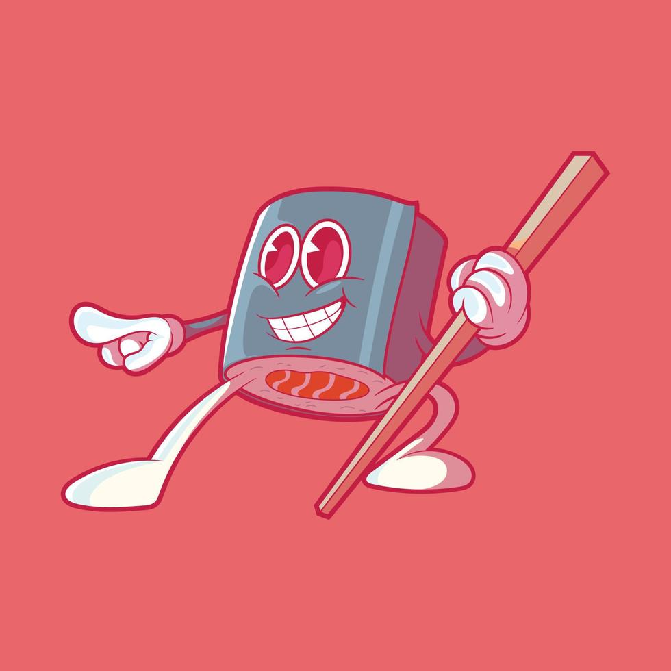 un Sushi rodar personaje participación un palillo vector ilustración. alimento, marca, gracioso diseño concepto.