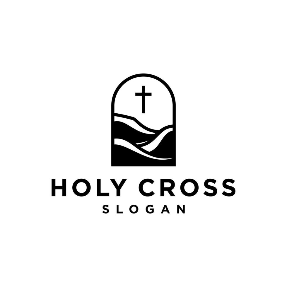 holy cross logo icon .hill and mountain with holy christian cross logo, church of Catholic in nature landscape illustration vector