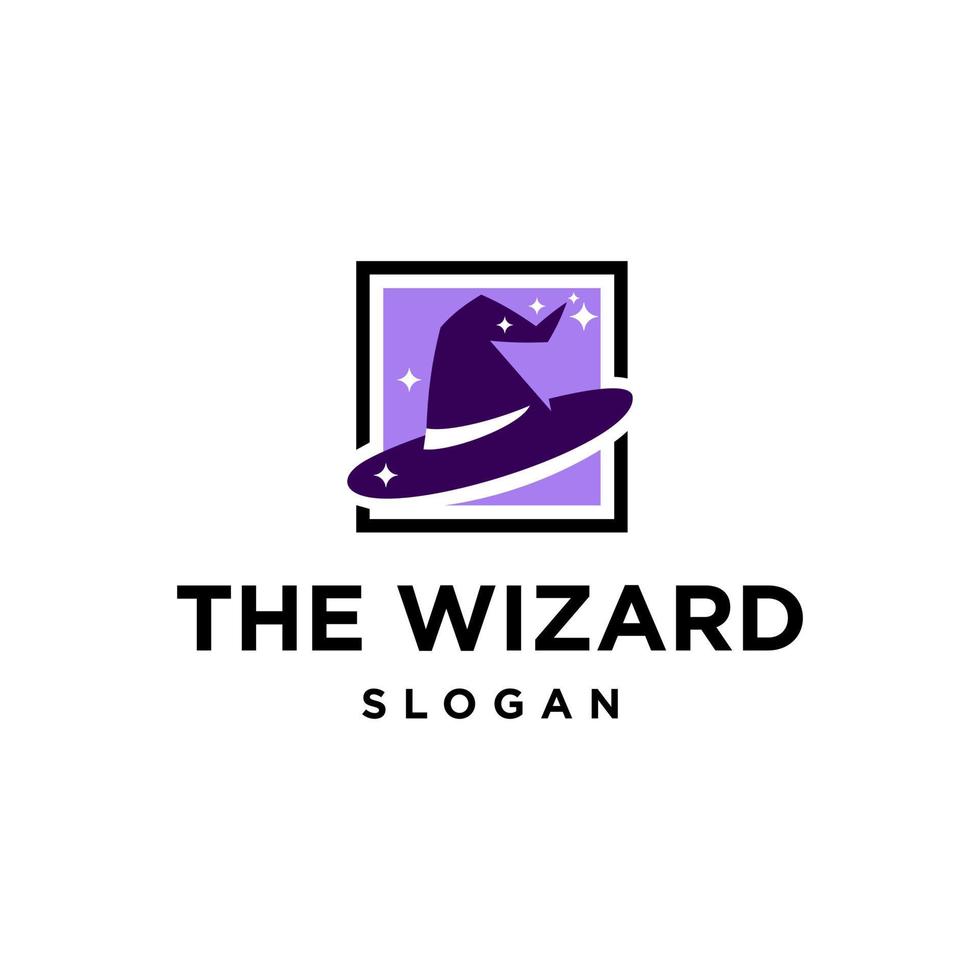 wizard violet hat logo design. mystical purple hat of Witch logo vector with square frame. wizard hat icon logo vector design illustration blink, witch classic Halloween hat