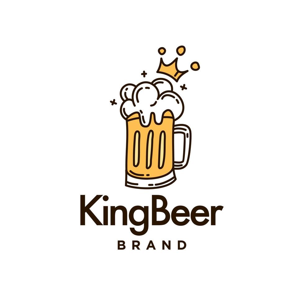 Beer logo design with gold crown, a glass full of gold yellow beer logo in Doodle drawing line style illustration for pub brewery. vector