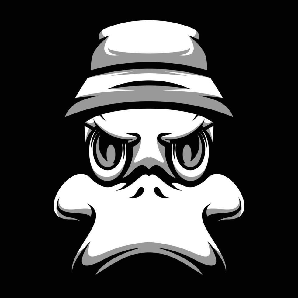Pato Cubeta sombrero negro y blanco mascota diseño vector