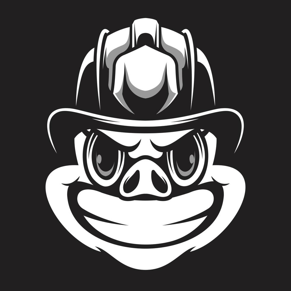 Pig Firefighter Black and White Mascot Design vector