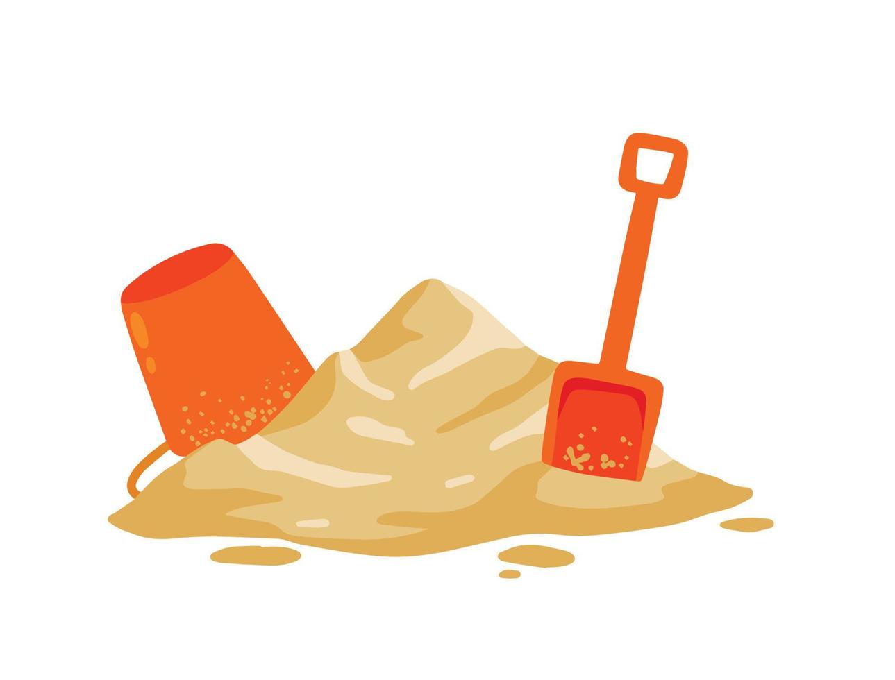 Orange bucket and scoop with pile of sand. Children play on beach. Shovel of kids. Summer holiday. Recreation and entertainment. Cartoon flat illustration vector