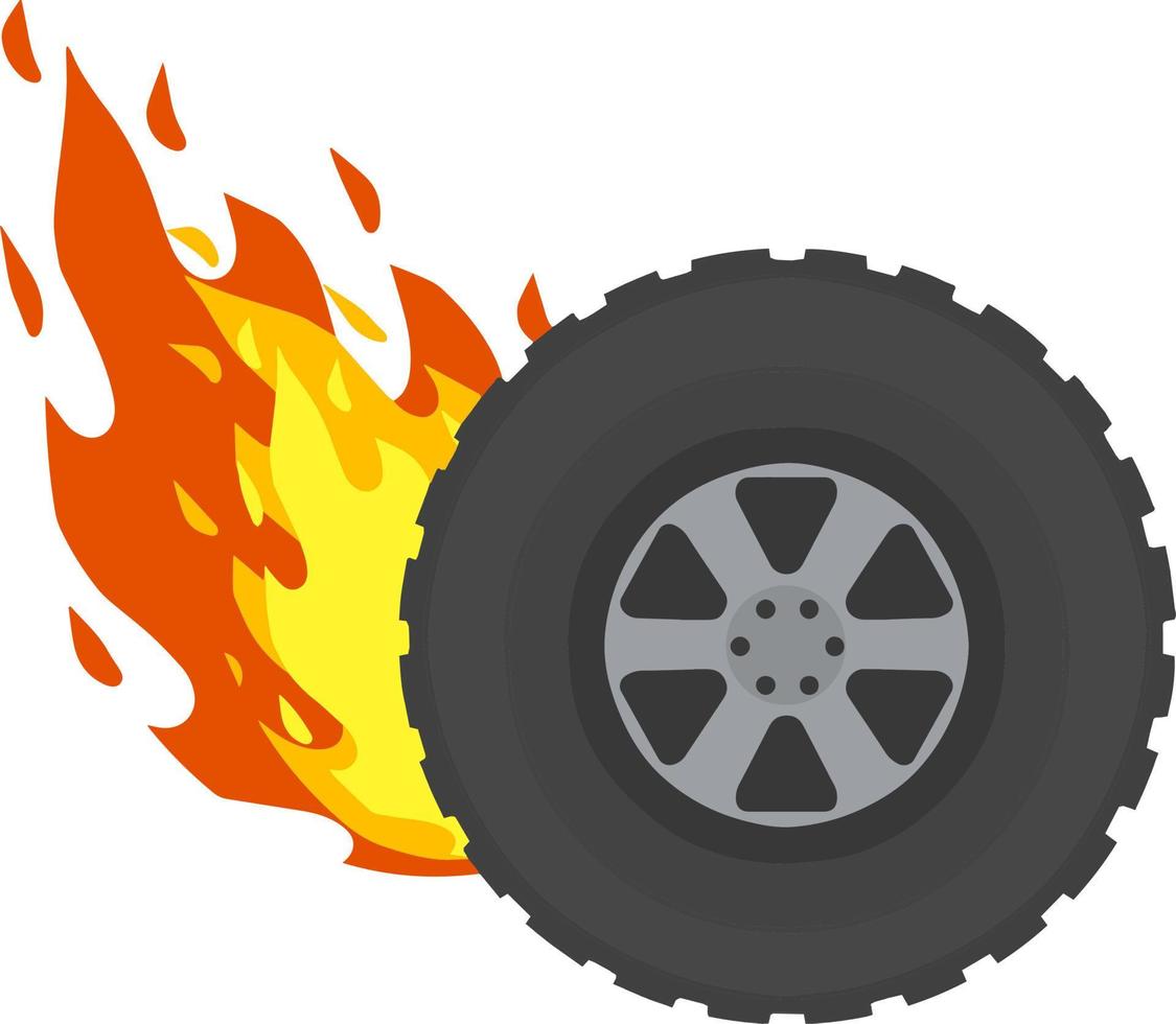 Burning wheel of car. Flames on tire. Symbol of speed and racing. Technical problems and accident. Fire on road. vector