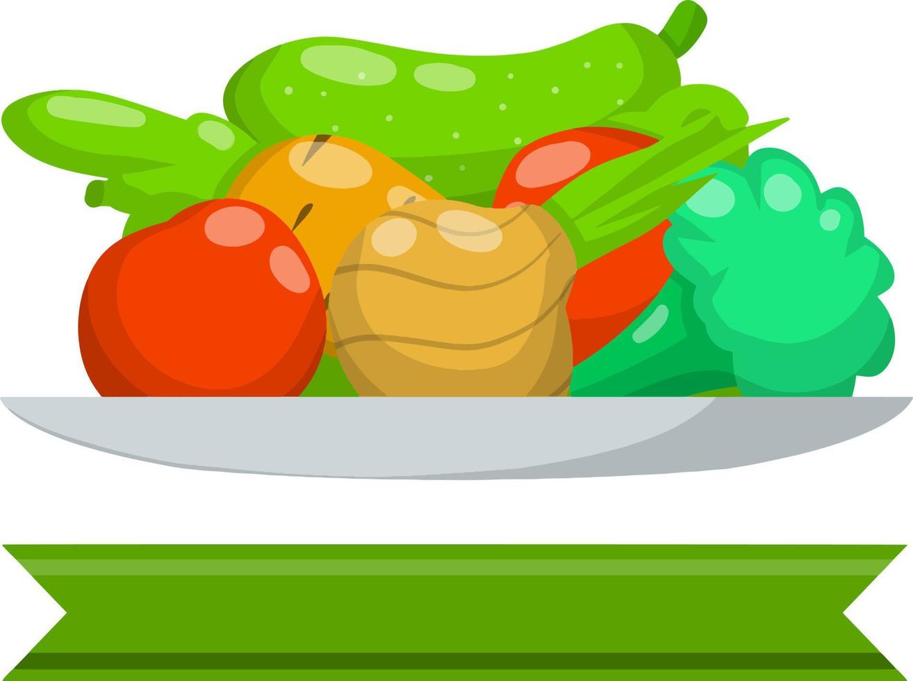 Cartoon flat illustration. Fresh natural village products. Tomato and pepper, onion with cucumber, broccoli, carrot vector