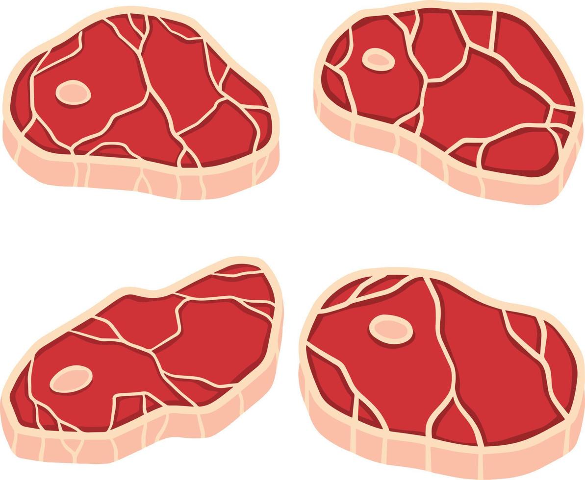 Piece of raw meat. Brown fried surface. Cartoon flat illustration. Cut off half beef piece. Element of kitchen, grill, BBQ, steak and delicious meal. Set of Fresh red food with streaks and fat vector